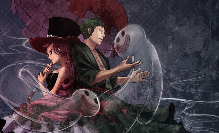 Perona and Roronoa Zoro from One Piece with ghosts