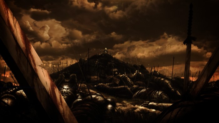 Battlefield with fallen soldiers and swords