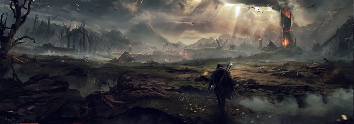 A lone figure walks through a desolate, war-torn landscape with a tower in the distance.