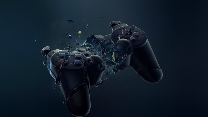 Exploding Black Sony Gamepad in Dark Space