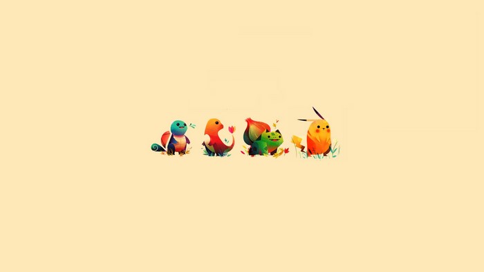 Minimalist Pokemon sketches: Squirtle, Charmander, Bulbasaur, Pikachu