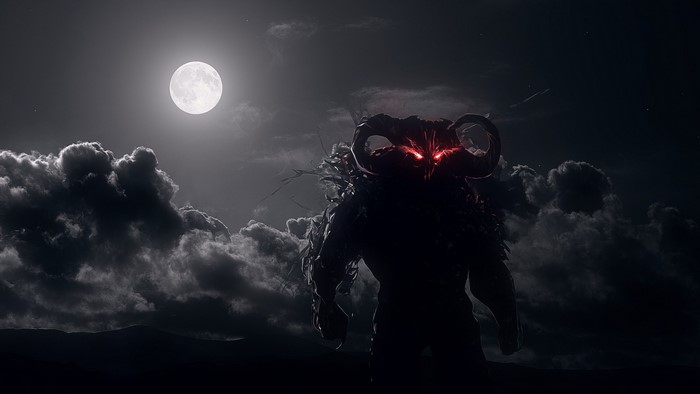 Dahaka Warrior with Glowing Red Eyes Under Moon