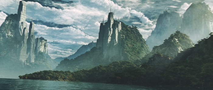 Fantasy landscape with futuristic towers on mountains