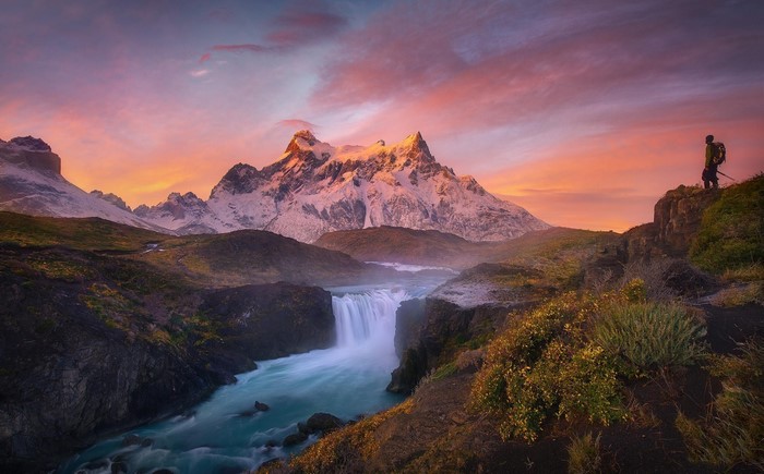 Sunrise Over Snowy Mountain Waterfall in Torres del Paine