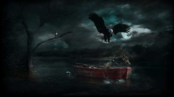 Eagle Swooping Over Boat on Moonlit Night