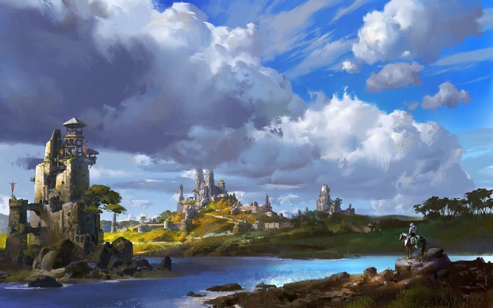Fantasy landscape with castles and a knight on horseback