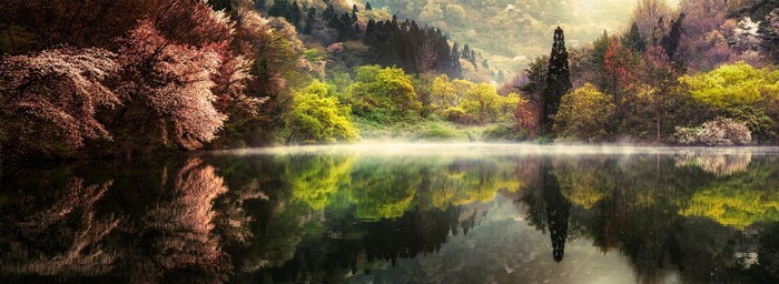 Spring lake with mist and reflections in South Korea