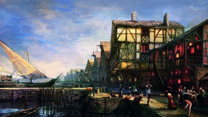 The Witcher 3: Wild Hunt concept art of a port town