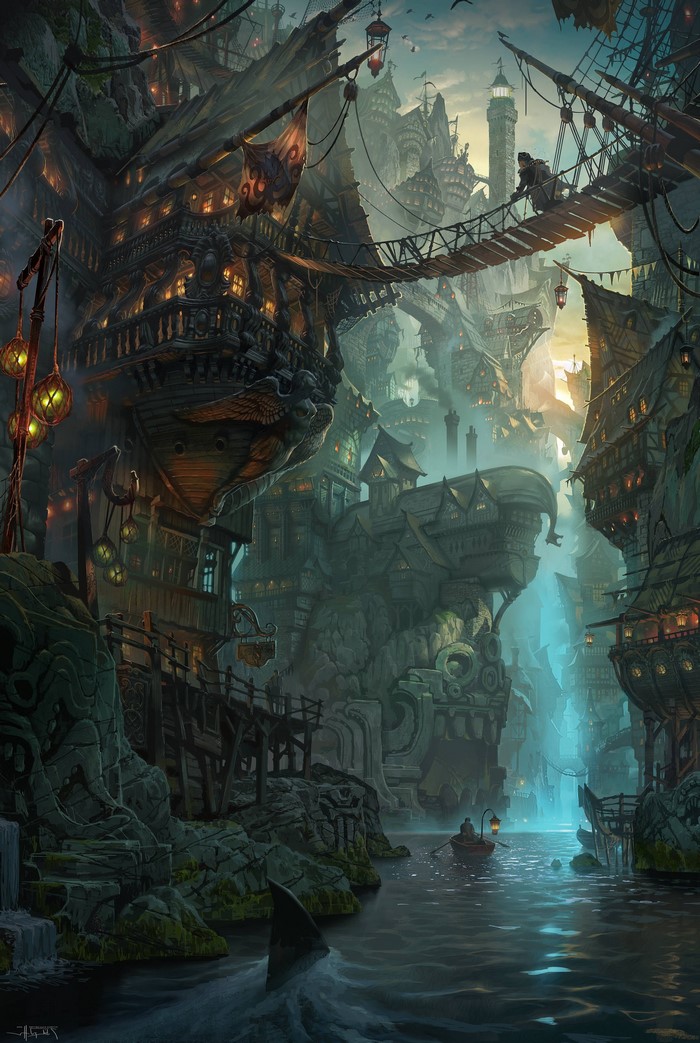 Bilgewater port city with ships and a river