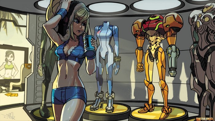 Samus Aran from Metroid in a locker room