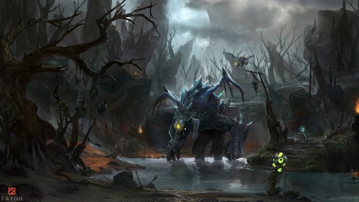 Roshan from Dota 2 in a dark fantasy landscape