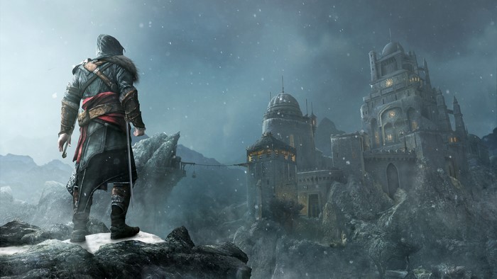 Ezio Auditore da Firenze from Assassin's Creed overlooking a castle