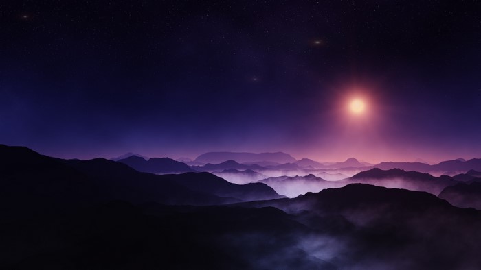 Misty Mountain Landscape Under Starry Midnight Sun