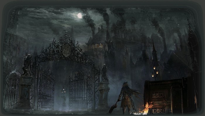 Hunter from Bloodborne in a dark, gothic city