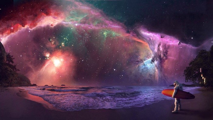 Astronaut with surfboard on beach under nebula