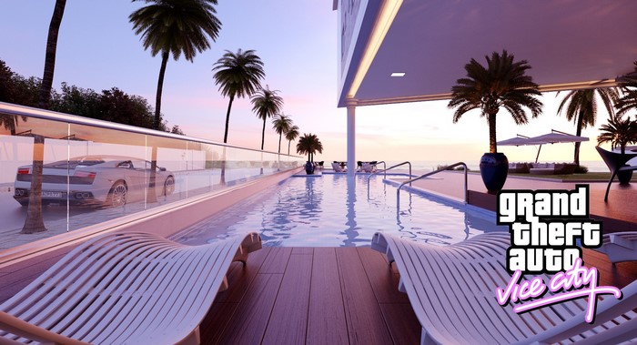 Luxury Poolside with Sports Car in Vice City