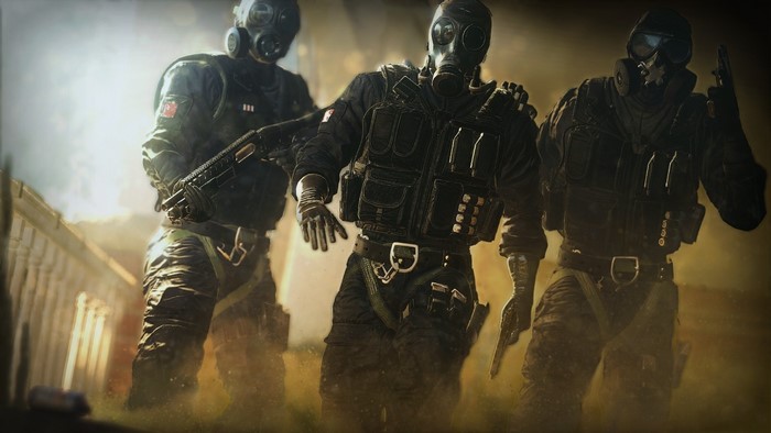 Rainbow Six Siege characters with gas masks and weapons