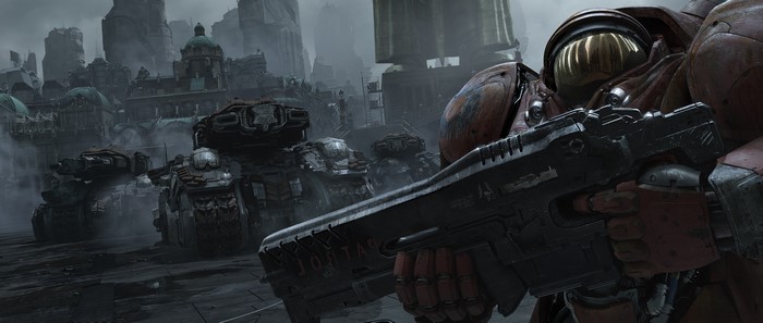Marine with rifle and tanks in Starcraft II
