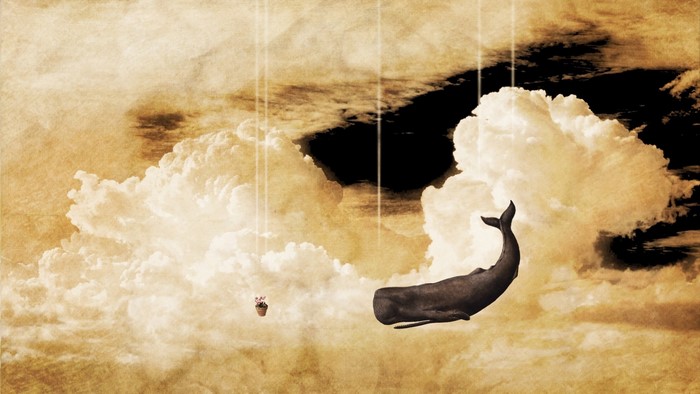 Surreal Sky with Floating Whale and Clouds