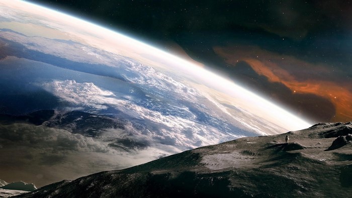 Astronaut on Moon overlooking Earth and Nebula
