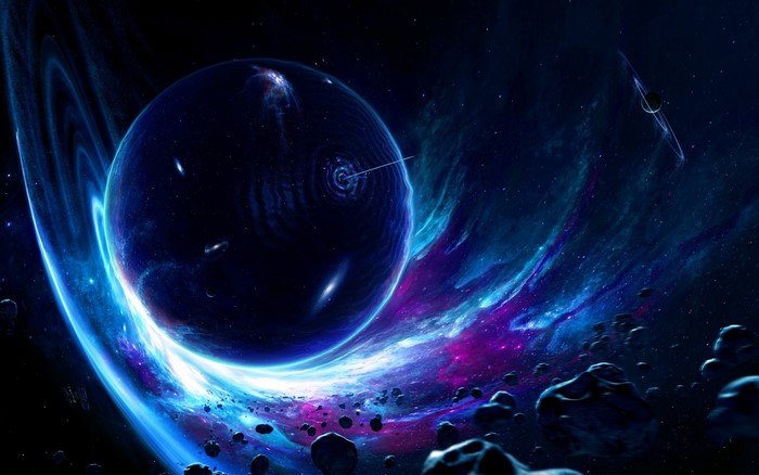 Cosmic scene with planet, asteroids, and nebula