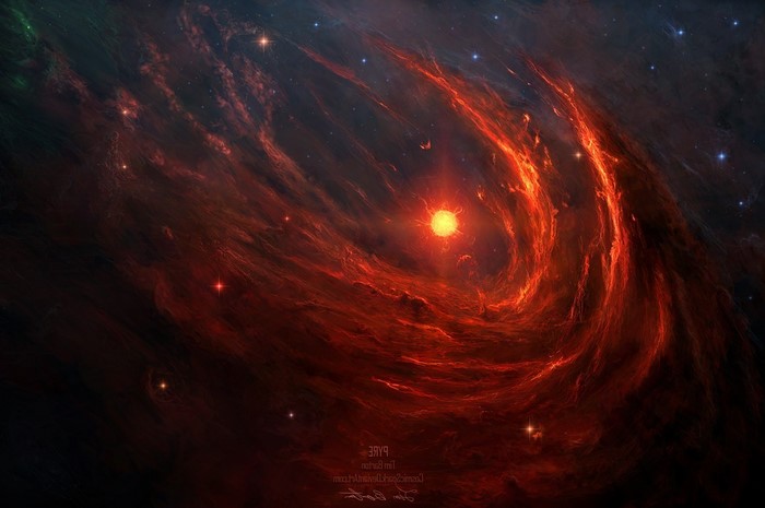 Fiery nebula with a bright sun