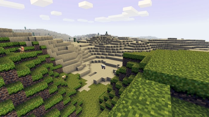 Minecraft desert landscape with sheep and green hills