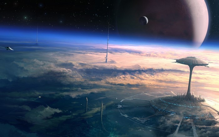 Futuristic city on a planet with a large moon