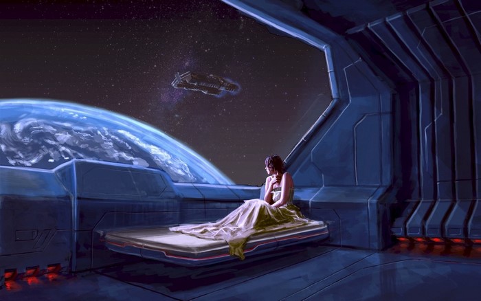 Woman on a bed looking out at Earth from a spaceship