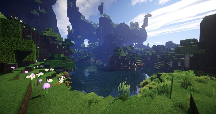 Minecraft render of a lake with floating islands