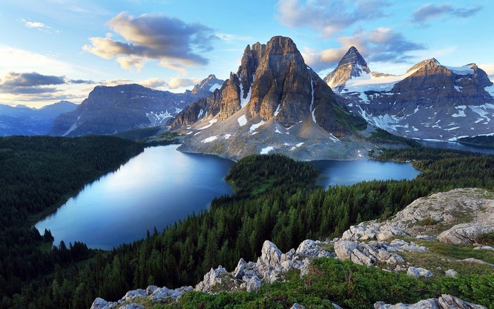Mountain lake with forest and snow-capped peaks