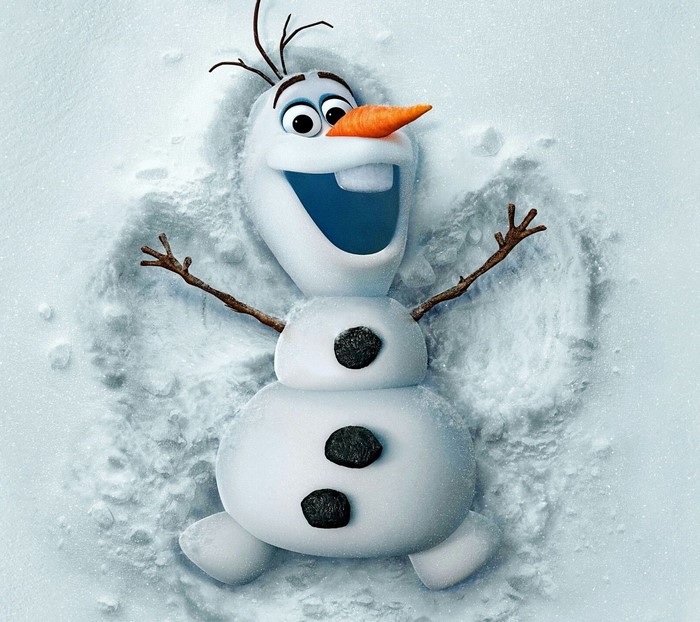 Olaf the snowman from Frozen making a snow angel