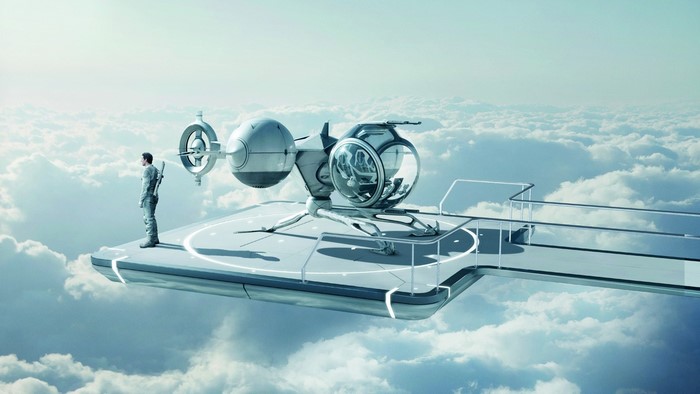 Man on futuristic platform with spaceship above clouds