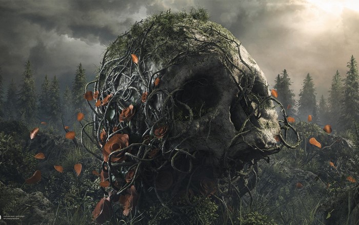 Skull overgrown with vines and roses in a forest