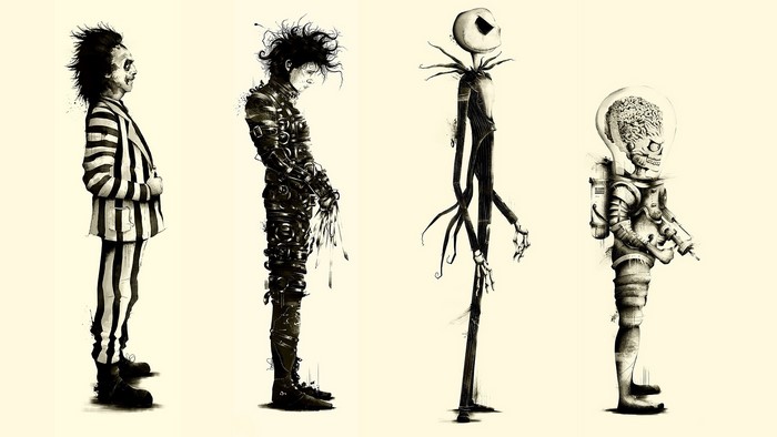 Beetlejuice, Edward Scissorhands, Jack Skellington, and Martian from Mars Attacks