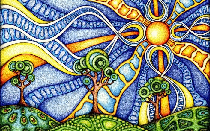 Psychedelic nature scene with trees and sun