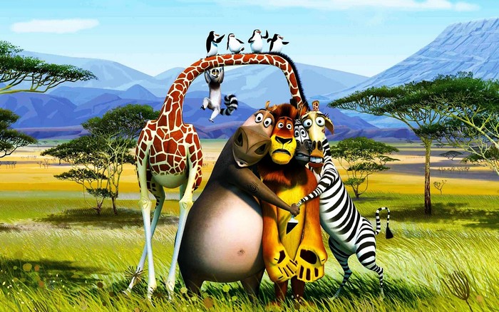 Madagascar movie characters in African savanna