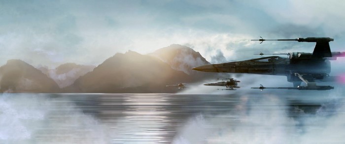 X-wings from Star Wars flying over water