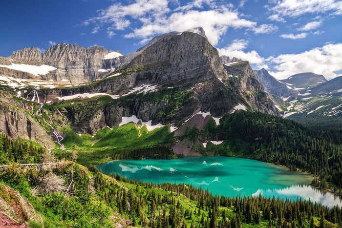 Turquoise lake in Glacier National Park with mountains