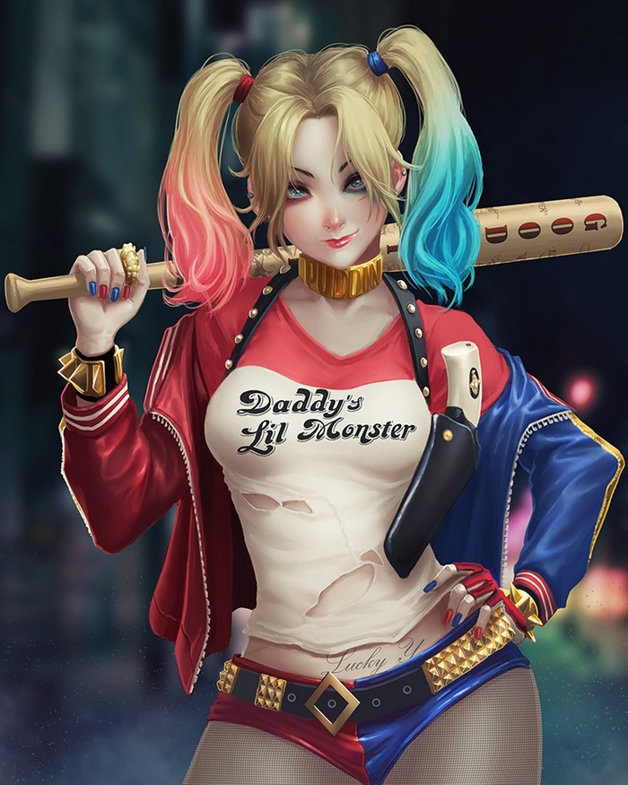 Stylized Harley Quinn with Bat and Pistols