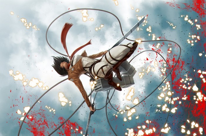 Mikasa Ackerman from Attack on Titan in mid-air