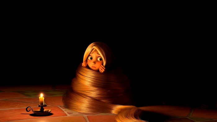 Rapunzel from Tangled wrapped in her hair