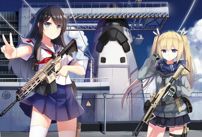 Anime girls in sailor uniforms with guns at space shuttle launch site