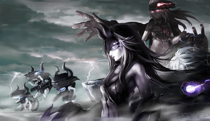 Anime girls with horns and mechanical creatures in a stormy sky