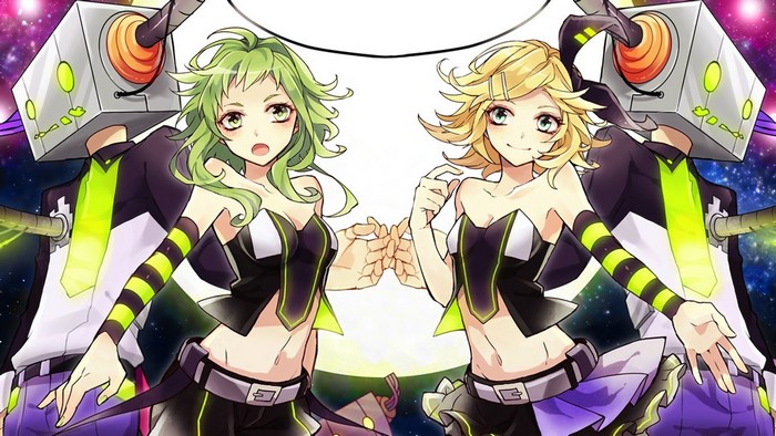 Anime girls Rin and Gumi with robot companions