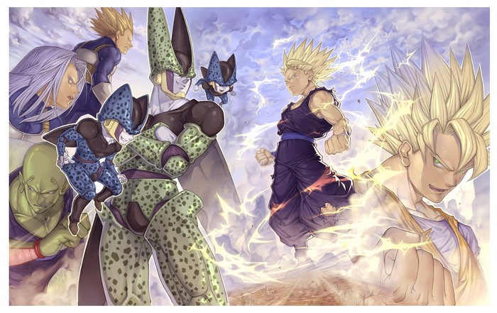 Dragon Ball Z characters fighting Cell