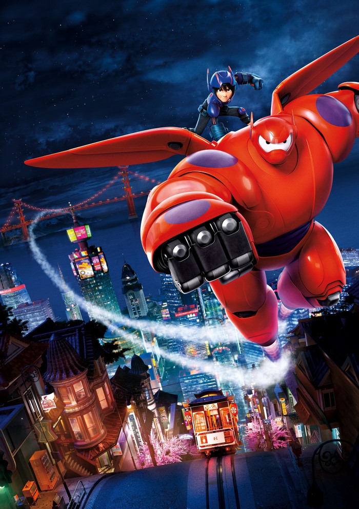 Baymax and Hiro from Big Hero 6 flying over San Fransokyo