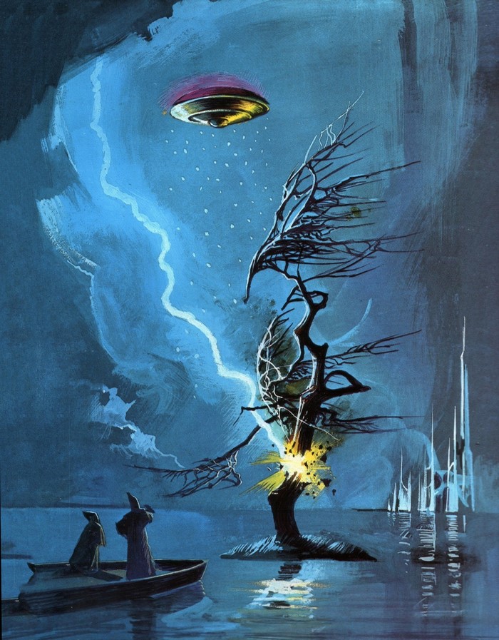 UFO over a stormy lake with a boat and a lightning-struck tree