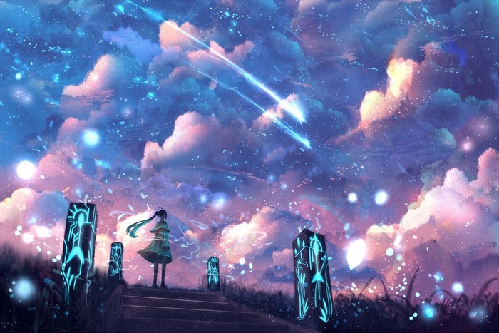 Hatsune Miku from Vocaloid in a starry sky