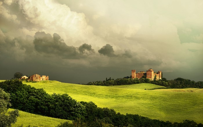 Ancient Castle in Tuscany Hills with Clouds